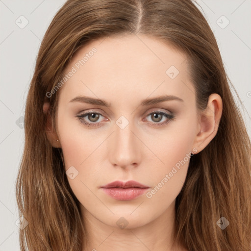 Neutral white young-adult female with long  brown hair and brown eyes