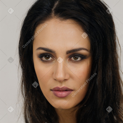 Neutral latino young-adult female with long  brown hair and brown eyes