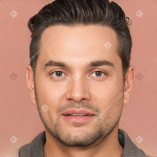 Joyful white young-adult male with short  brown hair and brown eyes