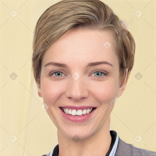 Joyful white young-adult female with short  brown hair and grey eyes