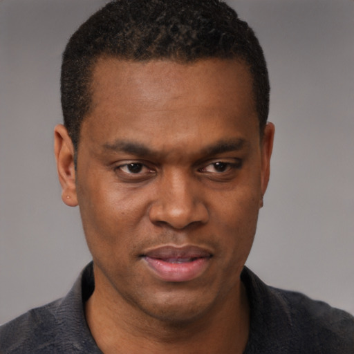 Joyful black young-adult male with short  black hair and brown eyes