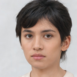 Neutral asian young-adult female with medium  brown hair and brown eyes