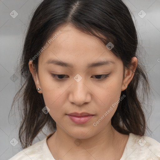 Neutral asian young-adult female with medium  brown hair and brown eyes