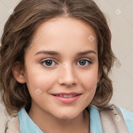 Joyful white child female with medium  brown hair and brown eyes