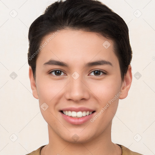 Joyful white young-adult female with short  brown hair and brown eyes