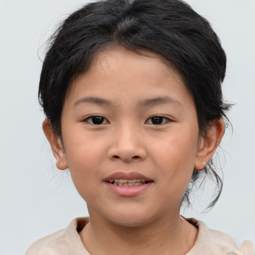 Joyful asian child female with medium  brown hair and brown eyes