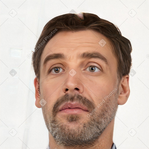 Neutral white adult male with short  brown hair and brown eyes