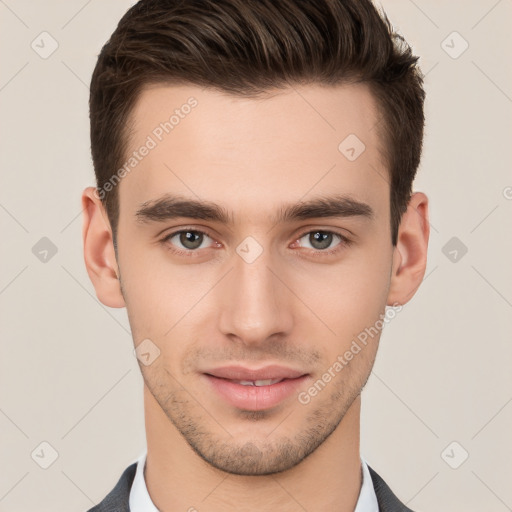 Neutral white young-adult male with short  brown hair and brown eyes