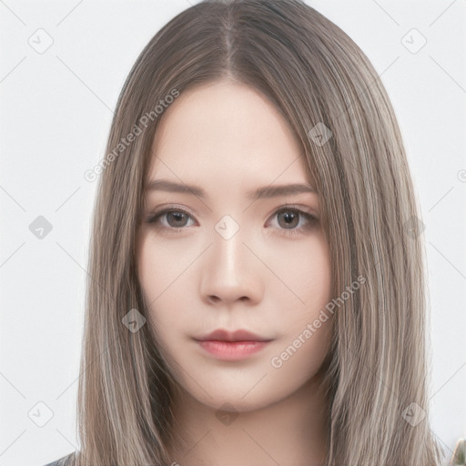 Neutral white young-adult female with long  brown hair and brown eyes