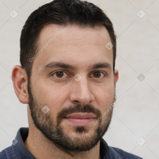 Joyful white young-adult male with short  brown hair and brown eyes