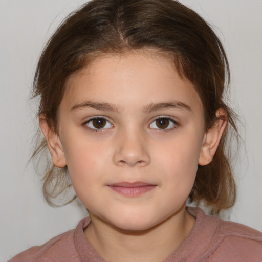 Joyful white child female with medium  brown hair and brown eyes