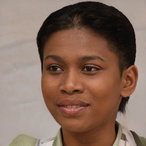 Joyful black young-adult female with short  brown hair and brown eyes