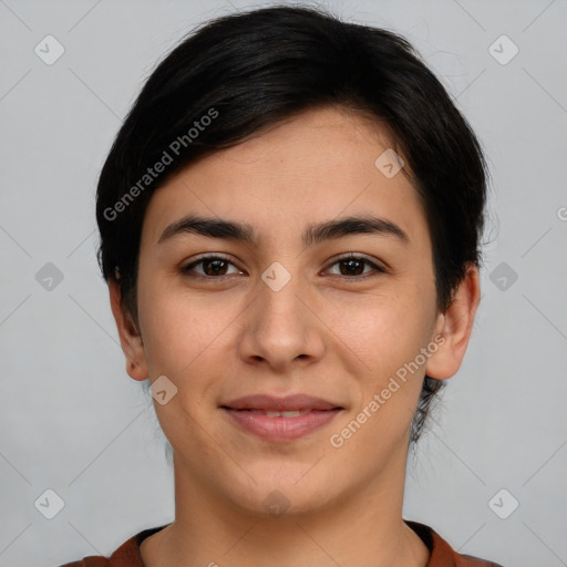 Joyful white young-adult female with short  brown hair and brown eyes