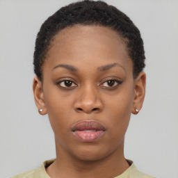 Neutral black young-adult female with short  black hair and brown eyes