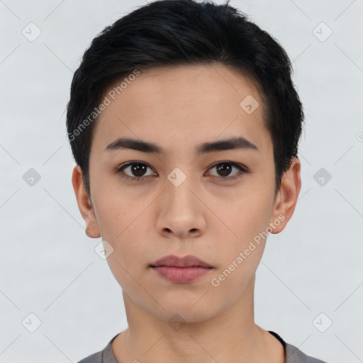 Neutral asian young-adult female with short  black hair and brown eyes