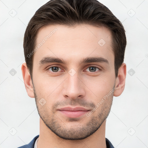 Neutral white young-adult male with short  brown hair and grey eyes