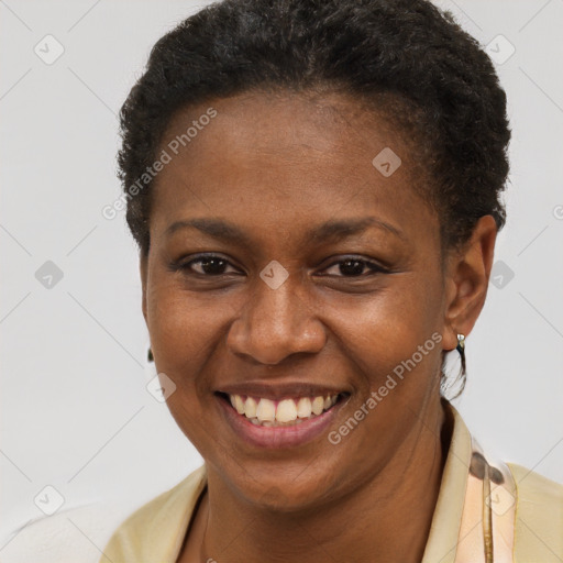 Joyful black young-adult female with short  brown hair and brown eyes