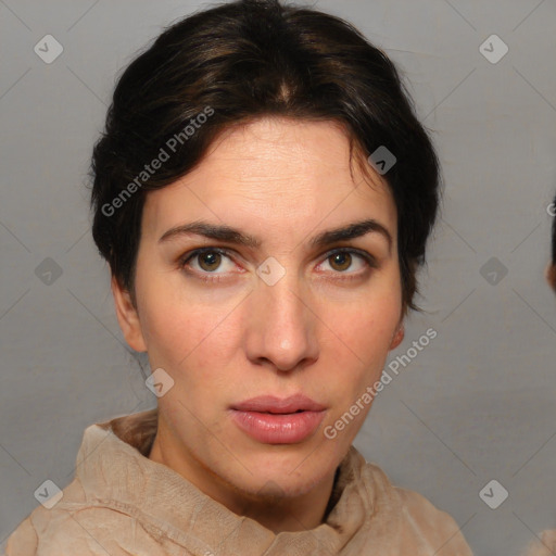 Neutral white young-adult female with short  brown hair and brown eyes