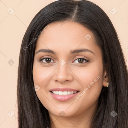 Joyful white young-adult female with long  brown hair and brown eyes