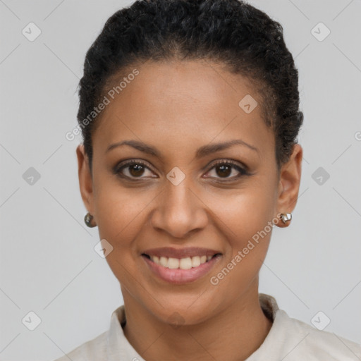 Joyful latino young-adult female with short  brown hair and brown eyes