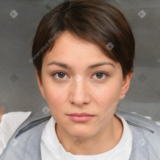 Neutral white young-adult female with short  brown hair and brown eyes