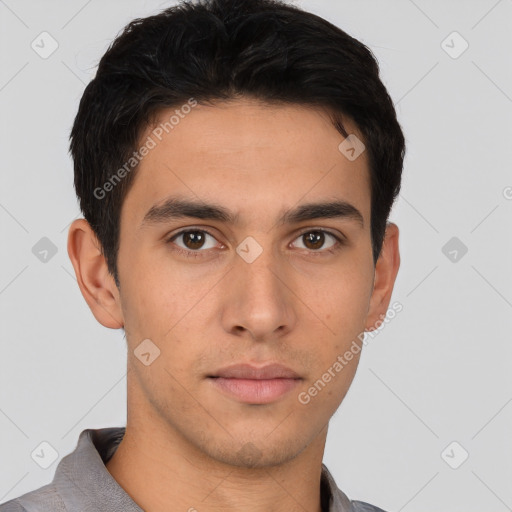 Neutral asian young-adult male with short  brown hair and brown eyes