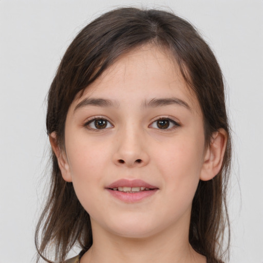 Joyful white child female with medium  brown hair and brown eyes