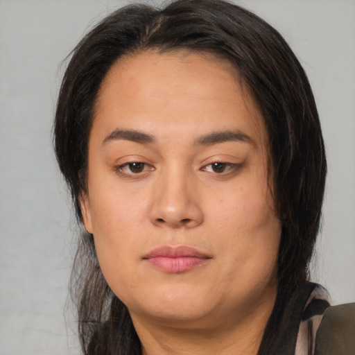 Neutral asian young-adult female with long  brown hair and brown eyes
