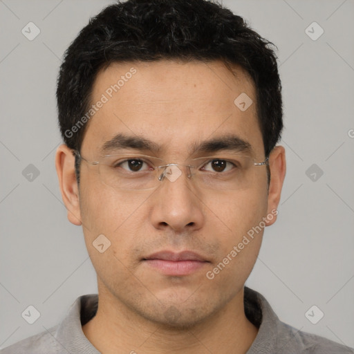 Neutral asian young-adult male with short  brown hair and brown eyes