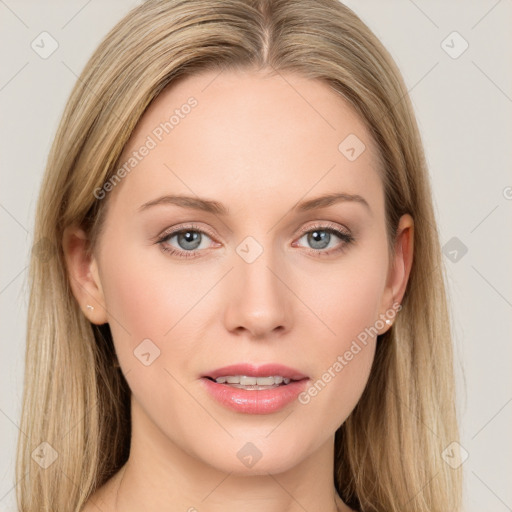 Joyful white young-adult female with long  brown hair and blue eyes