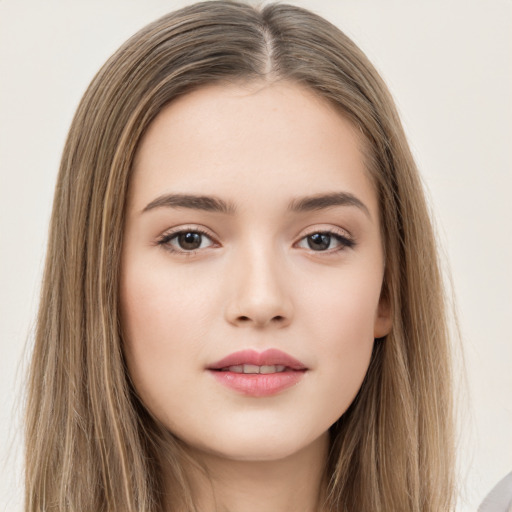 Neutral white young-adult female with long  brown hair and brown eyes