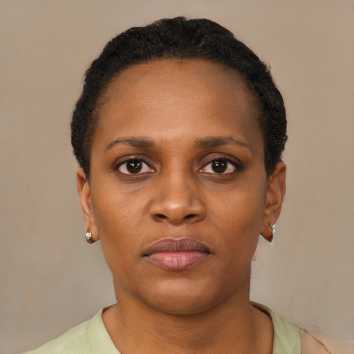 Neutral black young-adult female with short  black hair and brown eyes