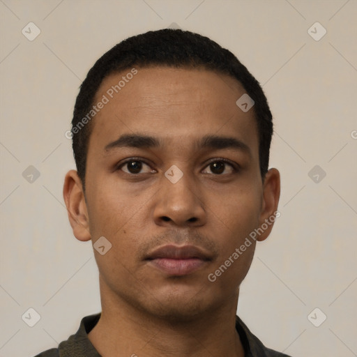 Neutral latino young-adult male with short  black hair and brown eyes