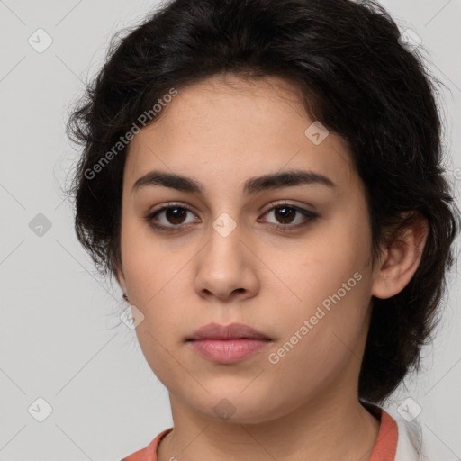 Neutral white young-adult female with medium  brown hair and brown eyes