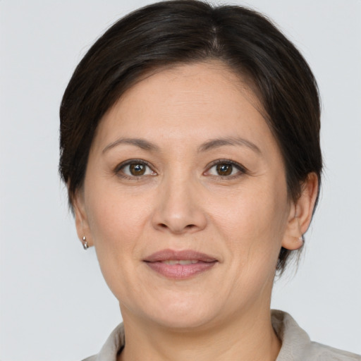 Joyful white adult female with medium  brown hair and brown eyes