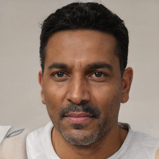 Neutral black adult male with short  black hair and brown eyes