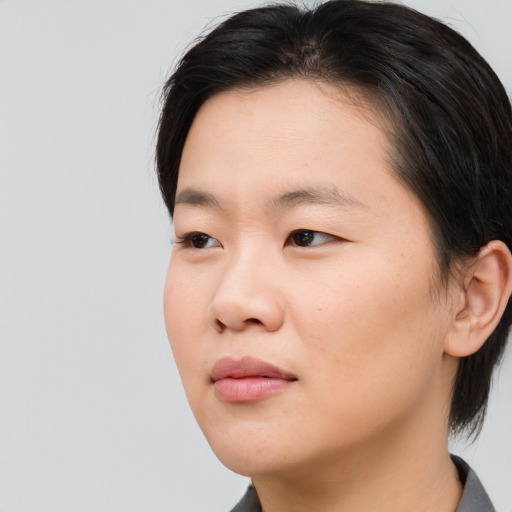 Neutral asian young-adult female with medium  brown hair and brown eyes