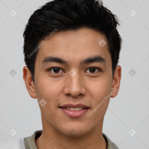 Joyful latino young-adult male with short  brown hair and brown eyes