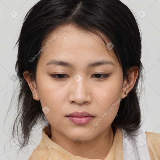 Neutral asian young-adult female with medium  brown hair and brown eyes