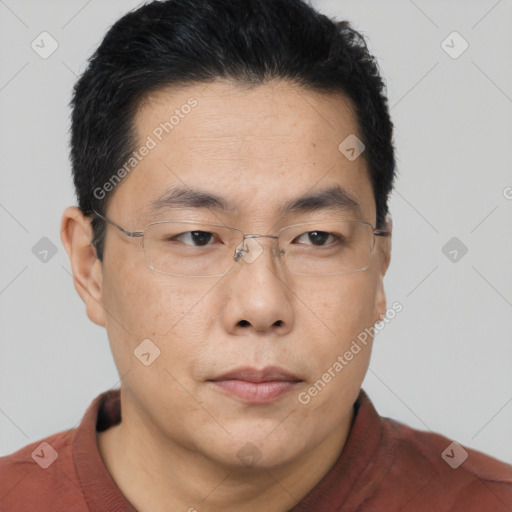 Neutral asian adult male with short  brown hair and brown eyes