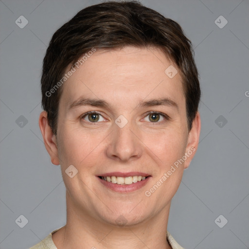 Joyful white young-adult female with short  brown hair and grey eyes