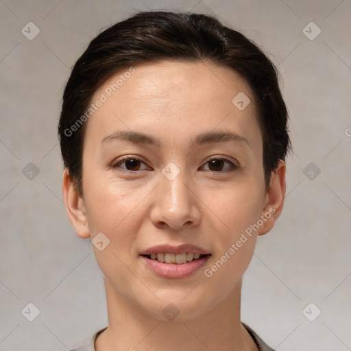 Joyful white young-adult female with short  brown hair and brown eyes