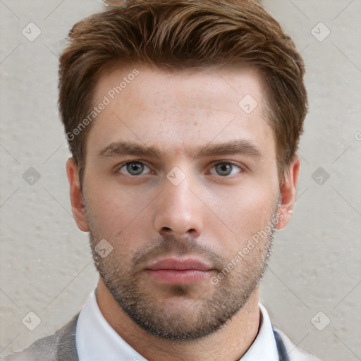 Neutral white young-adult male with short  brown hair and grey eyes