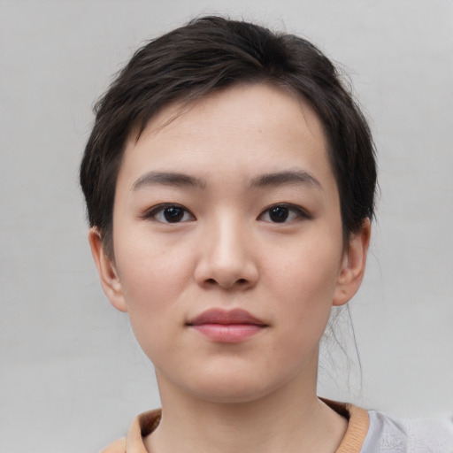 Neutral white young-adult female with short  brown hair and brown eyes