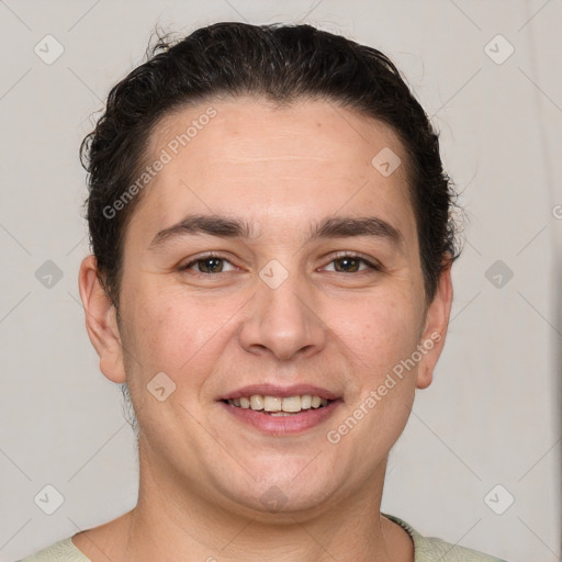 Joyful white adult male with short  brown hair and grey eyes