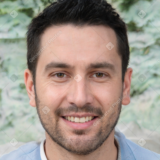 Joyful white young-adult male with short  brown hair and brown eyes