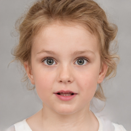 Neutral white child female with medium  blond hair and blue eyes