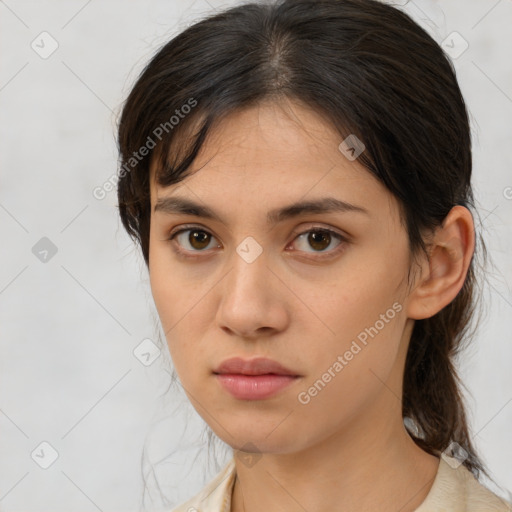 Neutral white young-adult female with medium  brown hair and brown eyes