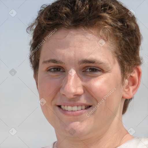 Joyful white adult female with short  brown hair and grey eyes