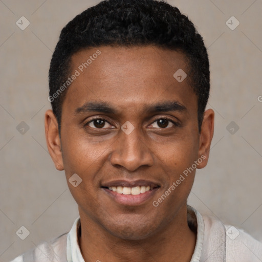 Joyful black young-adult male with short  black hair and brown eyes